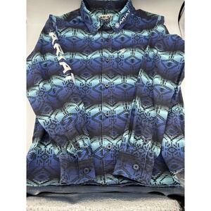 Ariat Real Boys Large 12 Blue Southwestern Western Button Down Shirt EUC A6